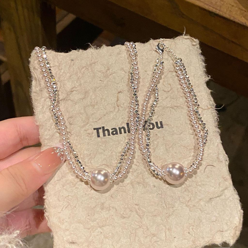French Retro Light Luxury Double-Layer Pearl Pendant Jewelry Set: Bracelet & Necklace for Women