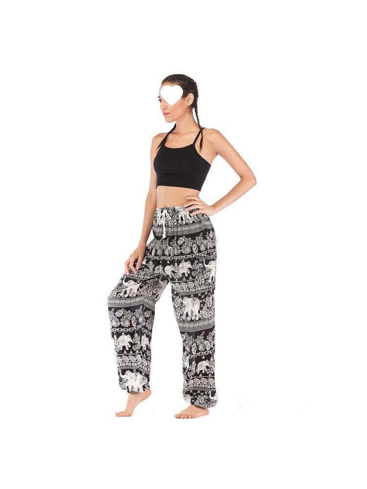 

Bohemian Thai Elephant Yoga Pants - Women s Casual Drawstring Lantern Style Viscose Fiber