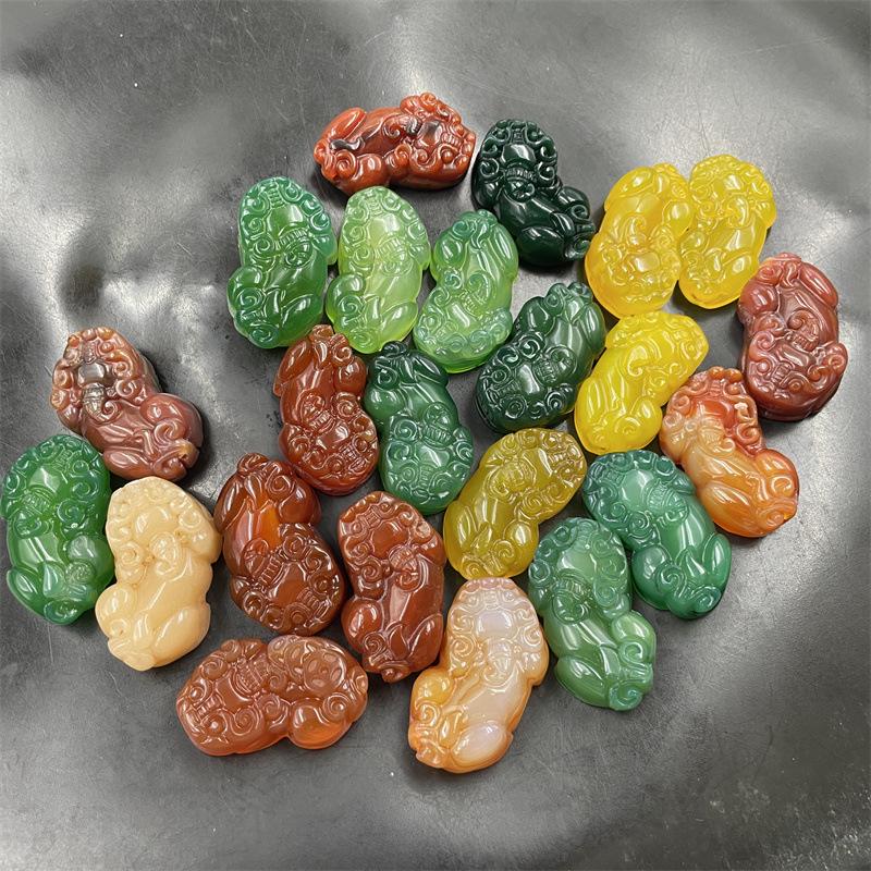 Jade Red Agate 3D Pixiu Pendant, Green Chalcedony Pixiu, Yellow Pixiu Approx. 38*25 mm (Clearance)