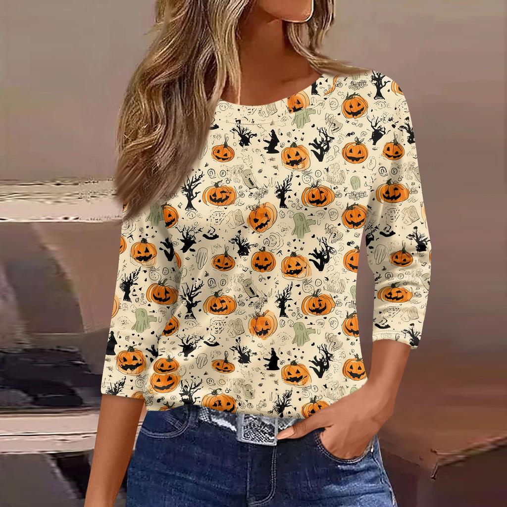 Women's Casual Loose Fit Three Quarter Sleeve Shirt Round Neck Halloween Print T-Shirt Lightweight Comfortable Top