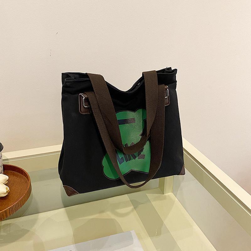 Adorable Cartoon Canvas Tote Bag Large Capacity Casual Handbag For Students