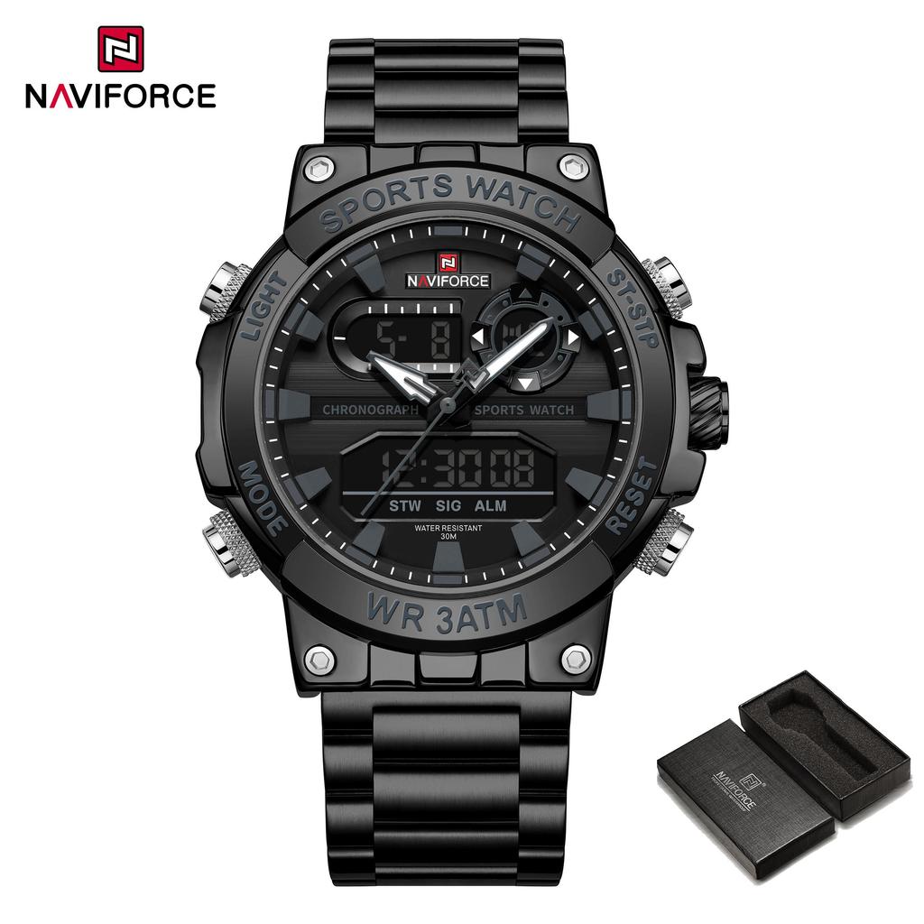 Naviforce Oryginalny Zegarek Męski Wyświetlacz Cyfrowy Kwarcowy Kalendarz Zegarek na Rękę Pasek ze Stali Nierdzewnej Luminous Wodoodporny Modny Zegarek Męski NF9237