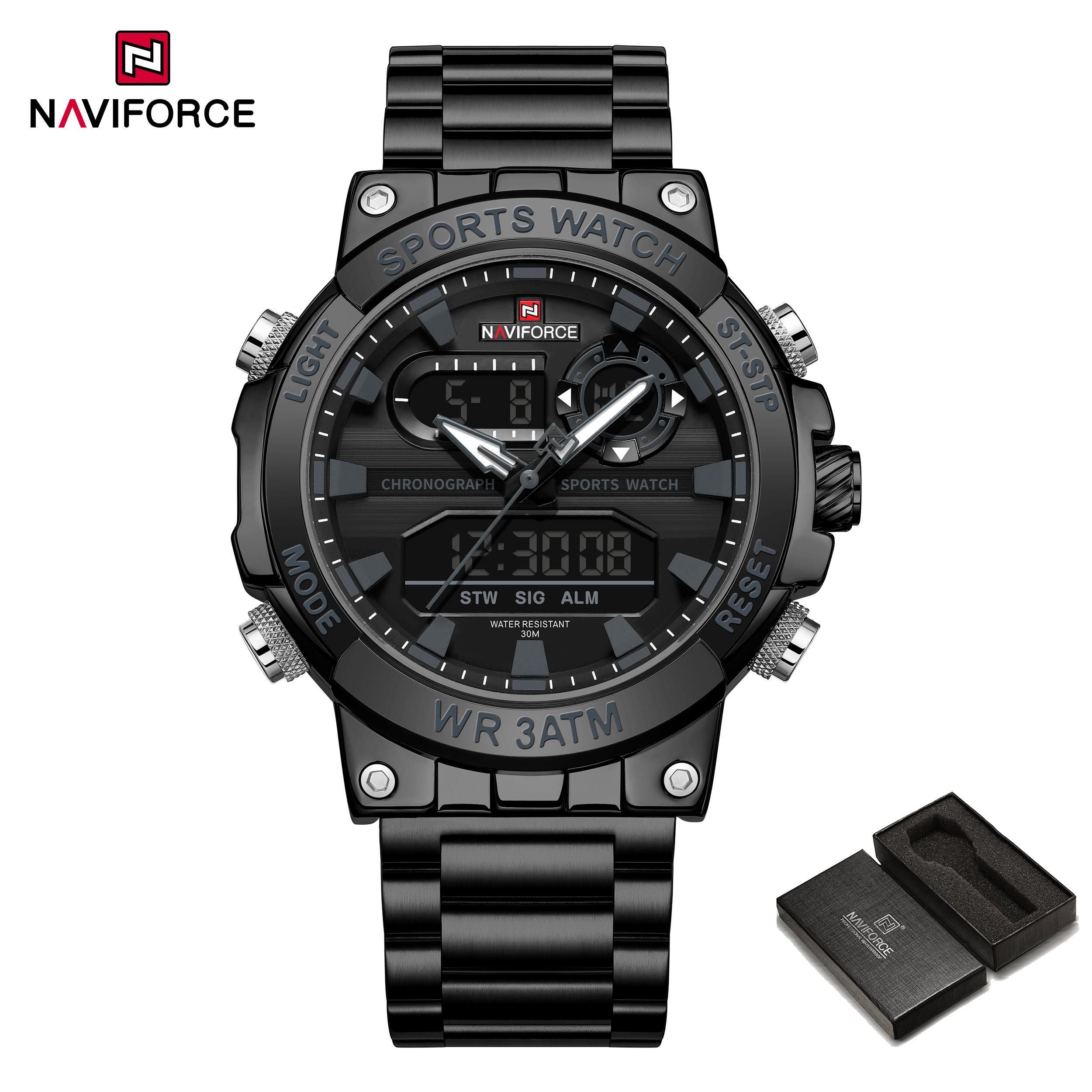 

Naviforce Оригинальные мужские часы с цифровым дисплеем, кварцевые, с календарем, наручные, с браслетом из нержавеющей стали, люминесцентные, водонепроницаемые, модные мужские часы NF9237 серый/чёрный