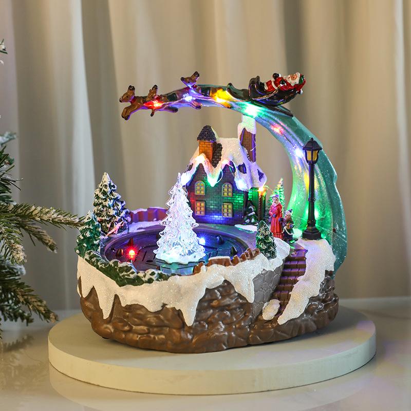 Glowing Christmas Music Box with Rotating Ornament, Water Spray, and Resin Fountain Gift.