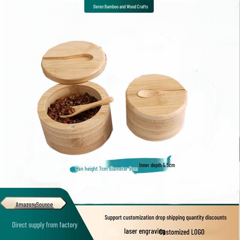 Bamboo Salt Jar with Spoon - Kitchen Storage Seasoning Box Single Bamboo Spoon