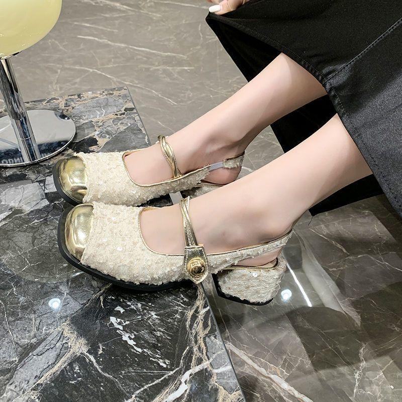 Japanese gentle celebrity style commuter bag head half slippers sweet daughter fan thick heel evening shoes Mary Jane single shoes
