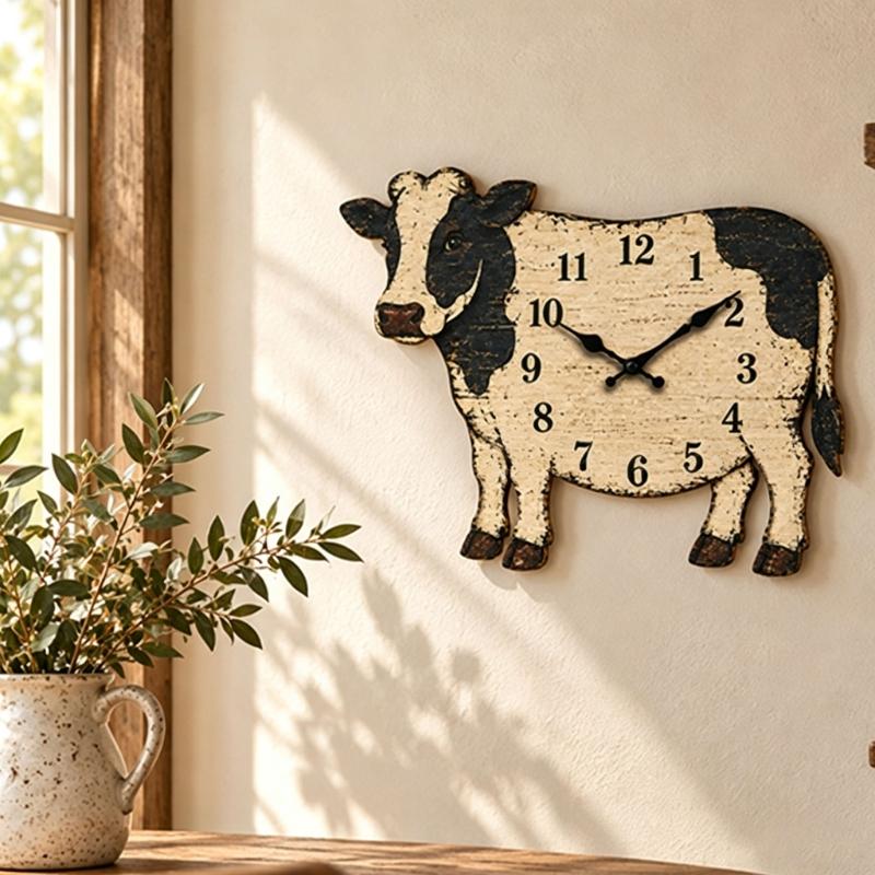 Cow Clocks Farmhouse Wall Clock Battery Operated None Ticking Wall Clock with Natural Wood Face, Metal Hands and Low-Noise Timekeeping for a Living