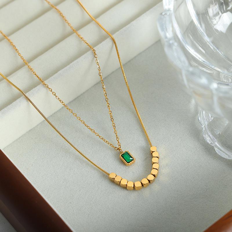 18K Gold Double Layer French Pendant Necklace - Titanium Steel Clavicle Chain