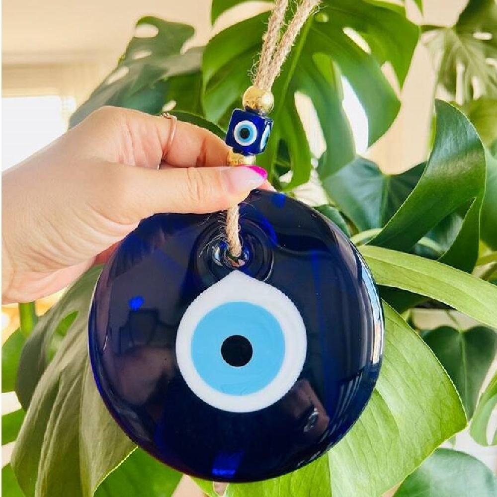 Bohemian Evil Eye Glass Wall Hanging, Turkish Nazar Amulet With Jute Rope, 2 Sizes For Home & Car Decor