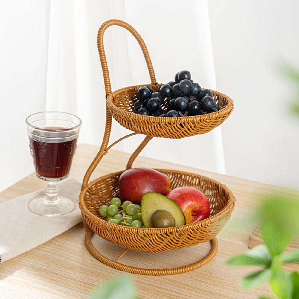 Imitation Rattan Weaving Fruit Basket 2/3 Layers Decorative Standing Tray Home Kitchen
