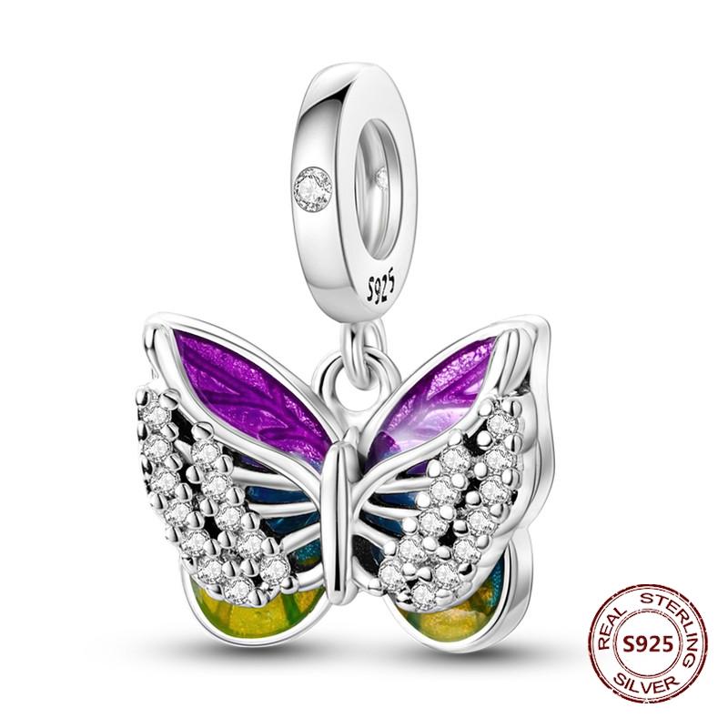 Butterfly Charm copper Authentic Pink Blue Zircon Fly Butterflies Safety Chain Clip Charm Bead Charms Compatible With Bracelets Do It Yourself Jewelle