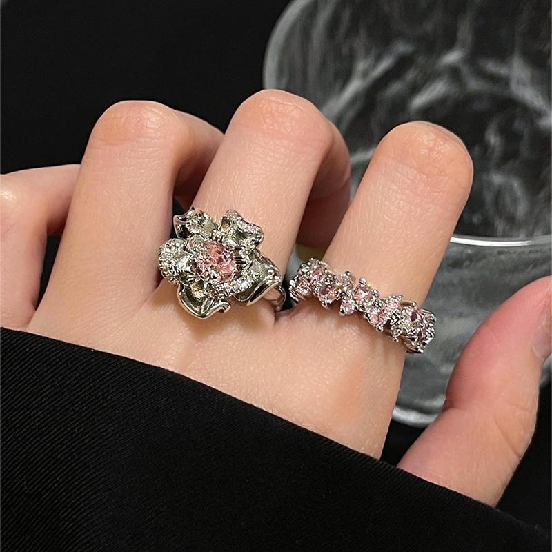 Heavy Industry Pink Diamond Ring Thick And Thin Stack Wearing Light Luxury Exquisite Rose Row Full Of Diamonds Zircon Sweet Fashion Open Ring