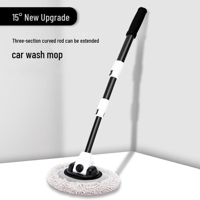 Telescopic Car Wash Brush: Curved Rod with Soft Bristles, Long Handle, Portable and Gentle on Vehicle Surfaces.
