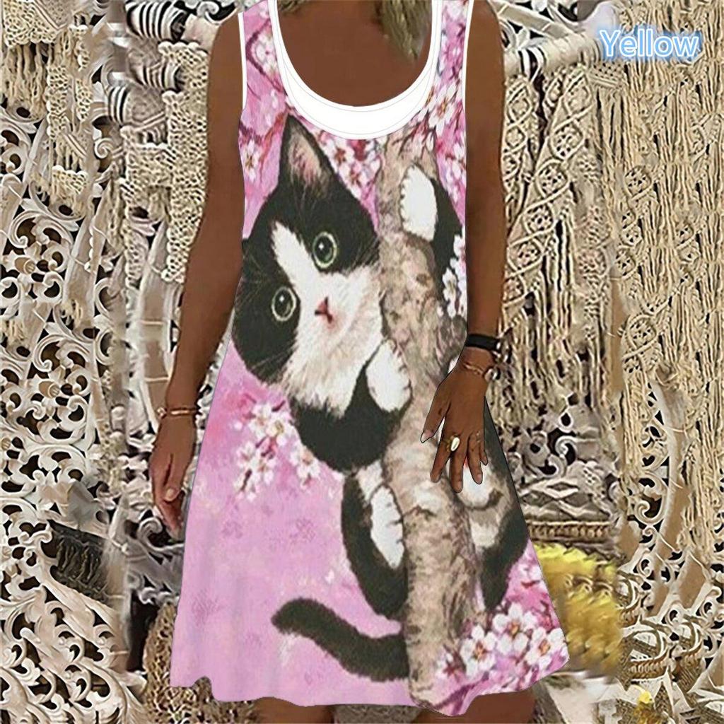 Cheap XXS10XL Oversized Women's Summer Women's Cat Print Round Neck