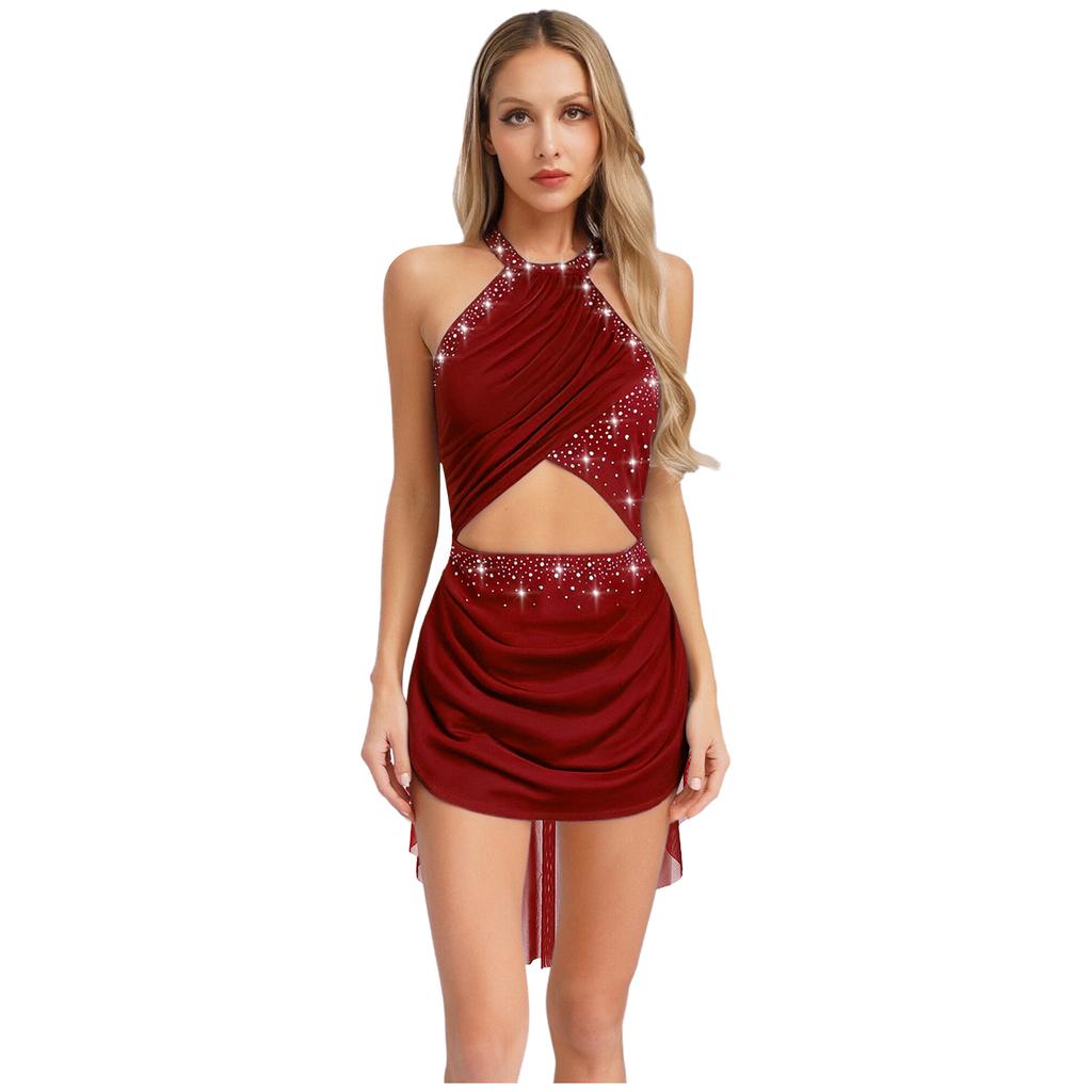 Womens Lyrical Dance Costume Cutout Strappy Backless Design Sheer Mesh Overlay Glittery Rhinestone Leotard Dress