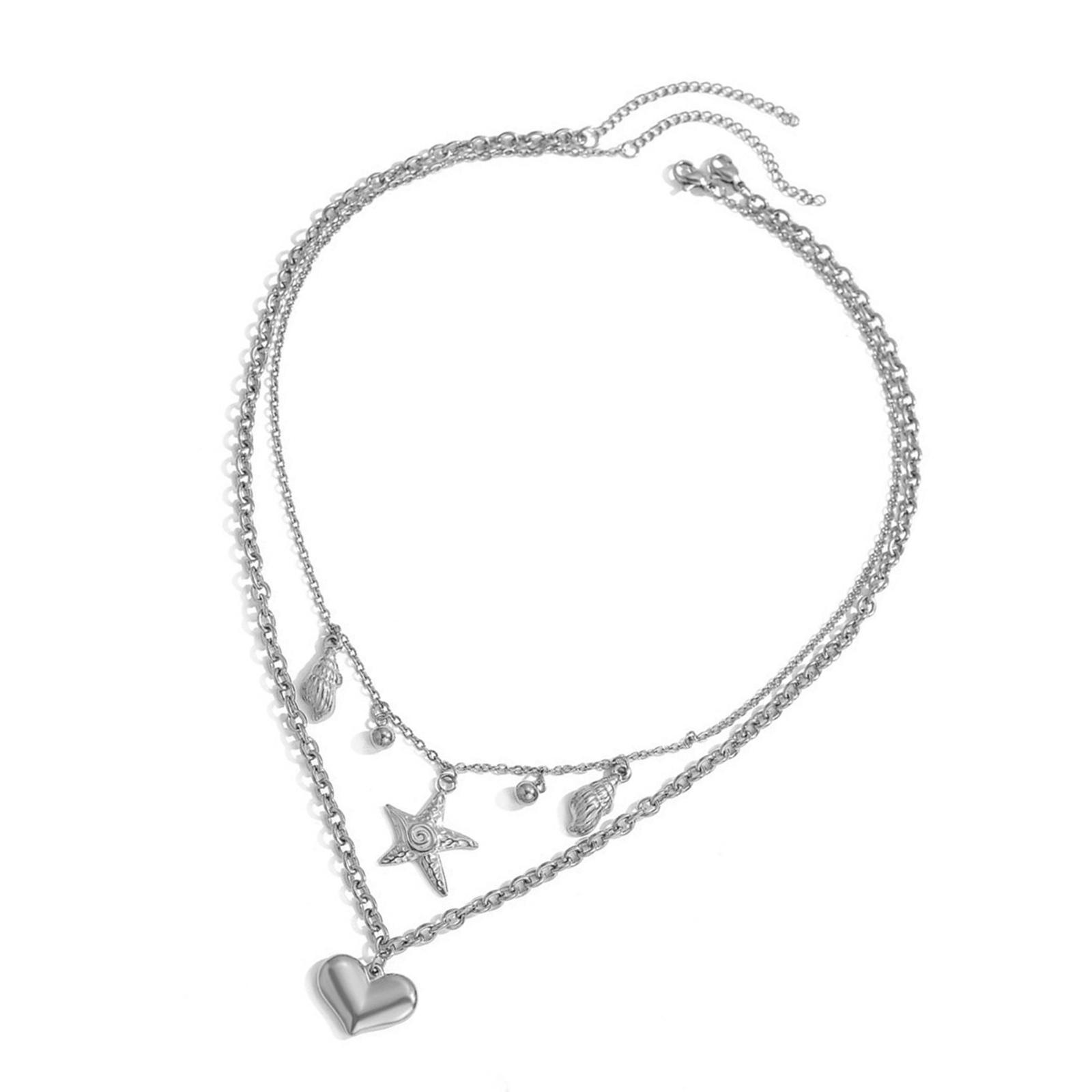 

Stainless Steel Heart Conch Starfish Necklace Double Layer Necklace Collarbone Chain for Beach Vacation and Party Wear серебряный