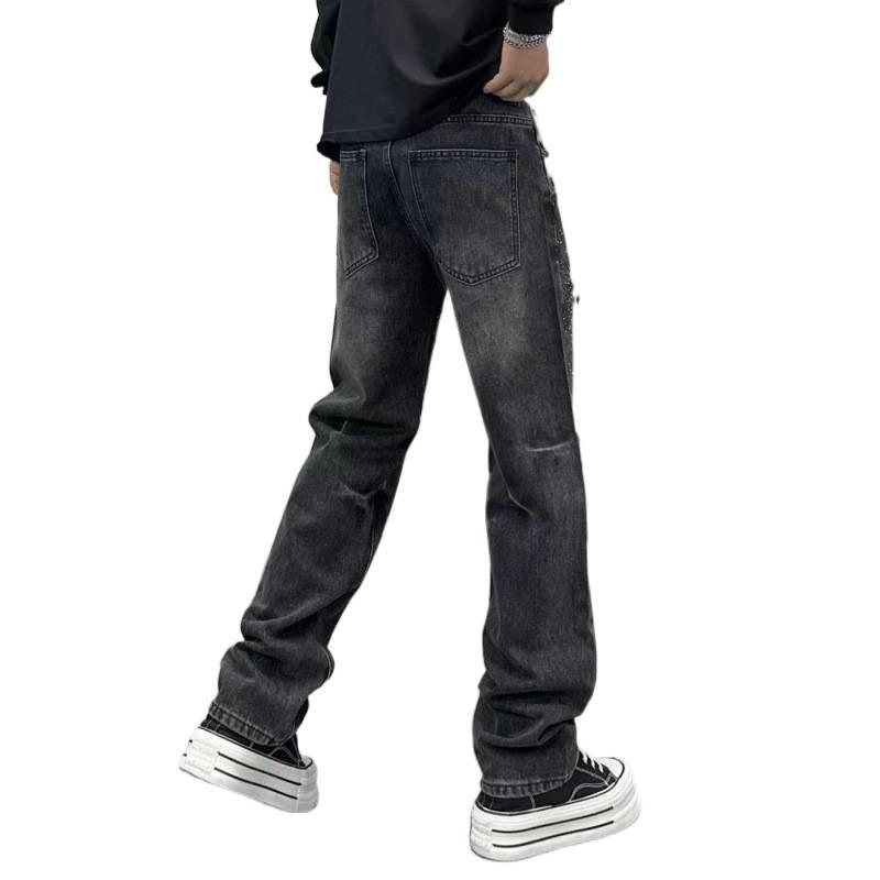 Spring and Summer New Fashion Casual Versatile Washed Black and Gray Bright Diamond Hot Diamond Straight Loose Men's Jeans