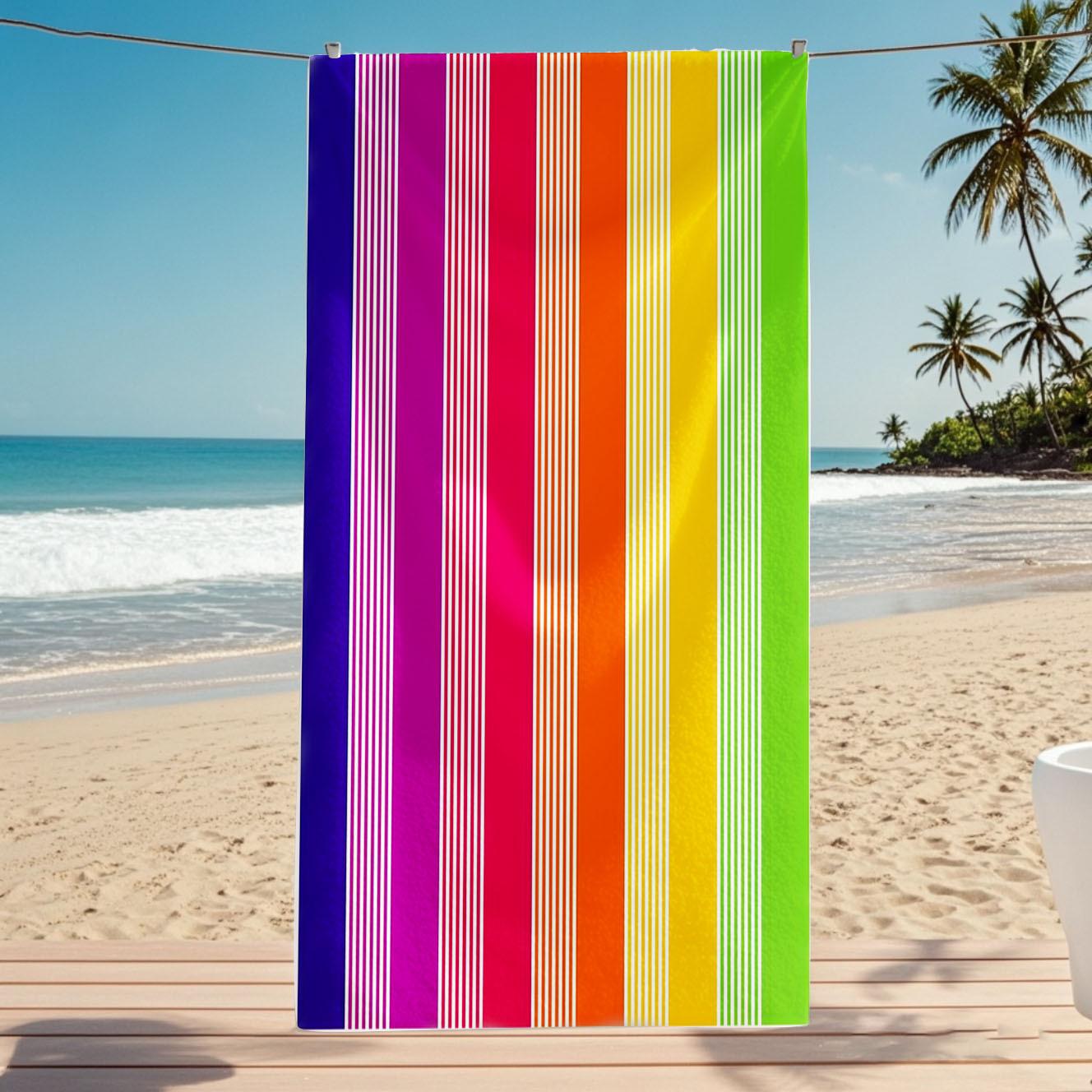 Очень большое пляжное полотенце в радужную полоску - Супермягкое, быстросохнущее полотенце-обертка из микрофибры