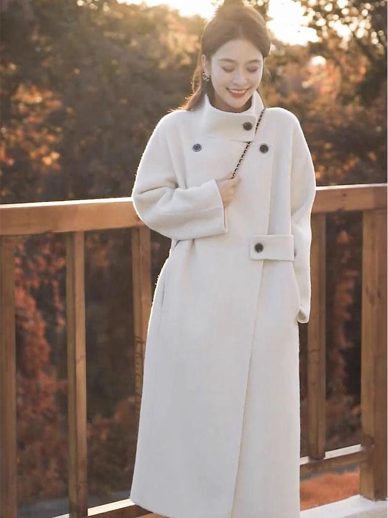 Popular Abrigo de Lana para Mujer 2024 - Estilo Coreano Otoño/Invierno, Cuello Alto Hepburn, Lana Doble Faz