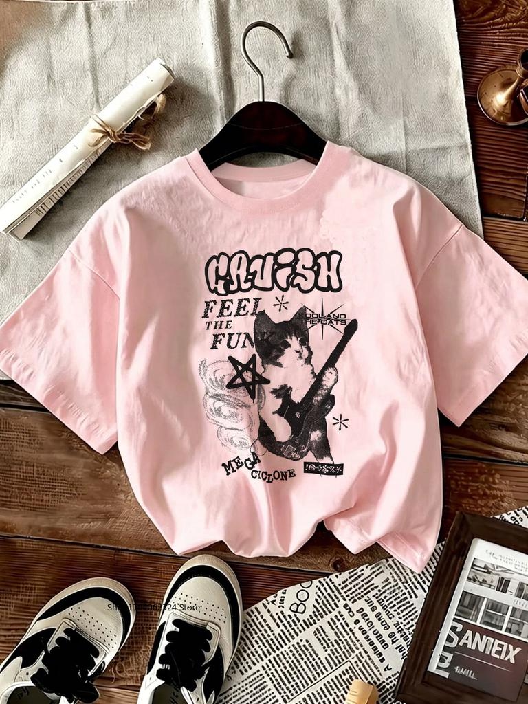 TXCartoon Trendy Kawaii Cat Print T-shirt Women's Summer Round Neck Cute Cat Y2K Graphic Tee Summer Casual Woman Clothing