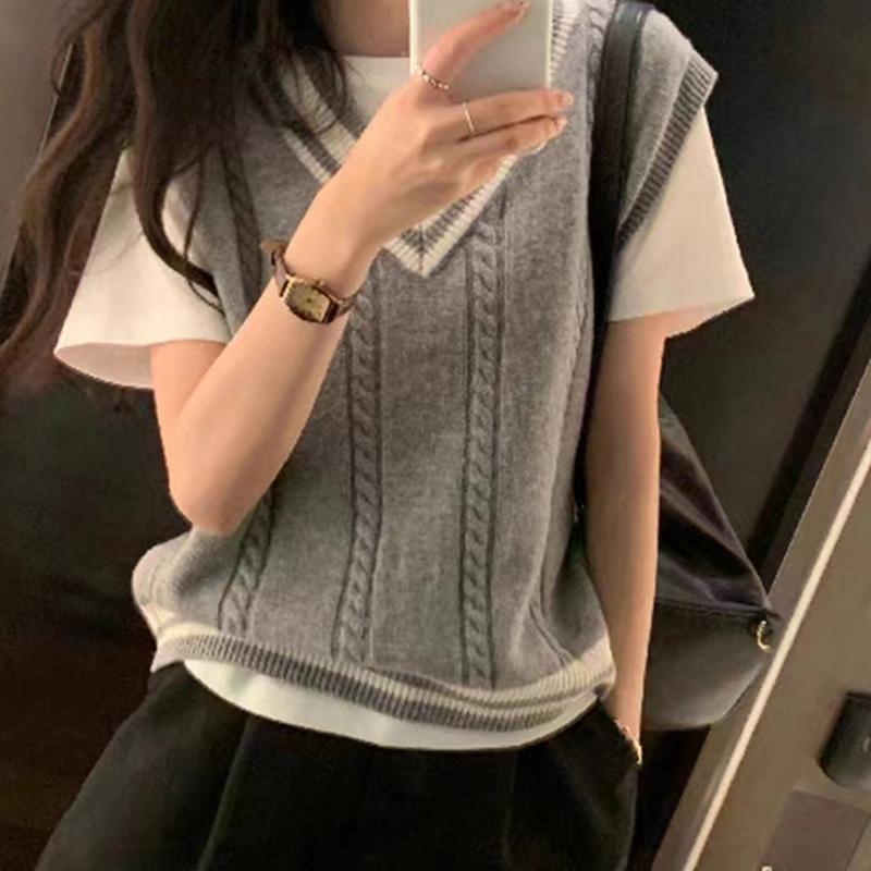 Women Patchwork V-neck Knit Sweater Vest Sleeveless Rib Preppy Style Pullover Sweater Vest For Women 2024 Autumn Winter