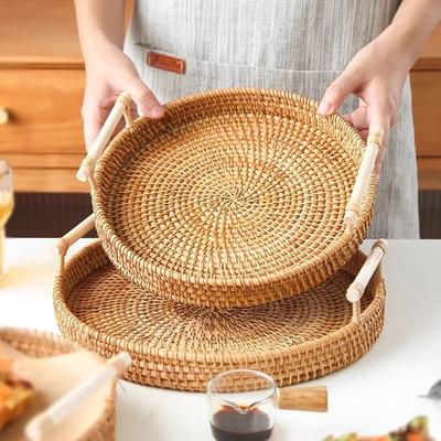 Rattan Bread Storage Woven Snacks Fruit Round Tray Picnic Binaural Tray Living Room Table Finishing Bread Plates Wood Handle