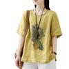 Women's Retro Print Cotton Linen T-shirt, Short Sleeve, Loose Fit, Plus Size, 2024 Summer Style Top