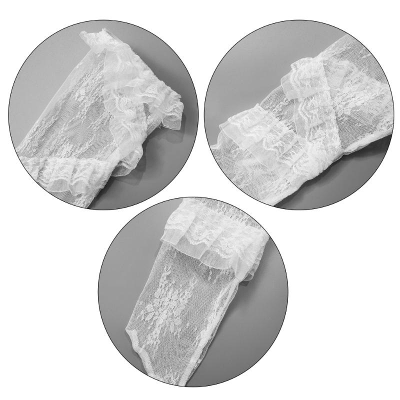 Flower Pattern See Through Lace Thigh High Stockings for Women Over Knee Long Socks with Twill Ruffle Trim Patchwork