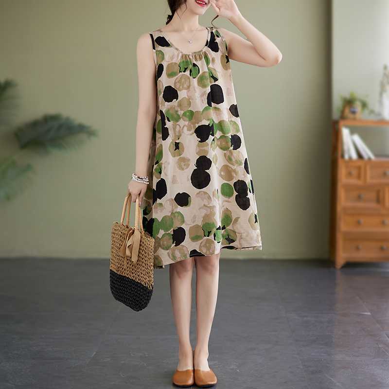 Plus-size Women's Summer Loose Strap A Line Skirt Sleeveless Crew Neck Print Dress