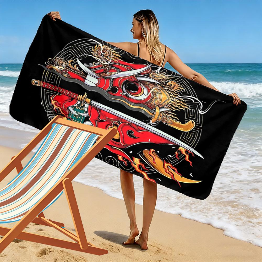 Fiery Mask Warrior Essence Print Beach Towel, Quick Drying, Suitable for Travel, Outdoor Sports, Jogging, the Beach and Swimming, Gift