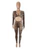 Women's Sexy Leopard Print Long Sleeve High Waist Jumpsuit