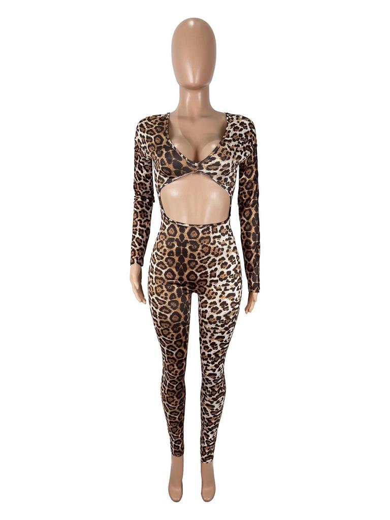 Women's Sexy Leopard Print Long Sleeve High Waist Jumpsuit