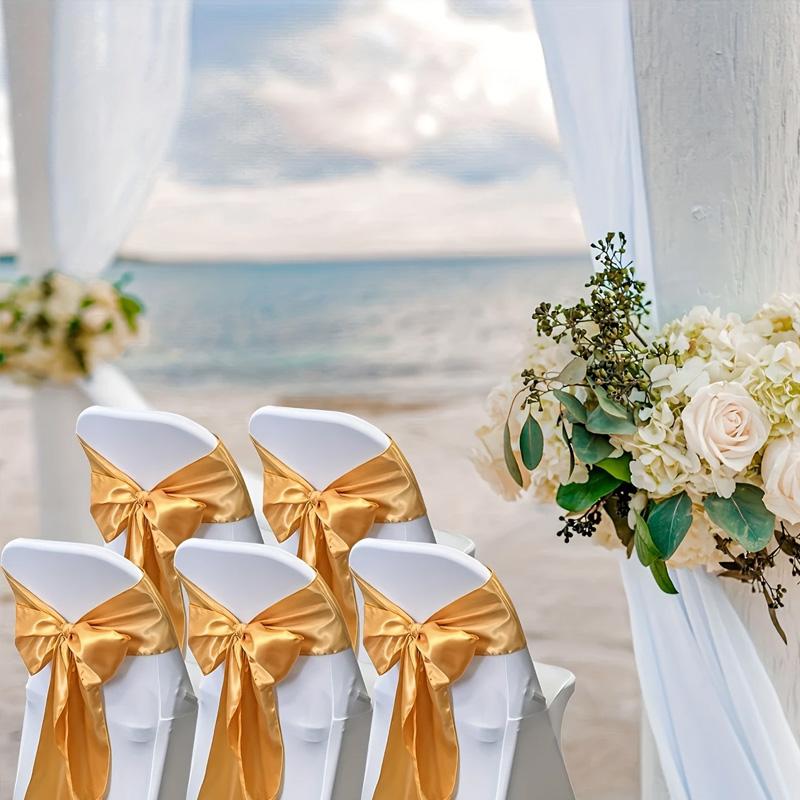 10pcs Satin Chair Streamer Universal Chair Covers 17*275cm Ribbon Bow with Bow Ties Solid Color Wedding Birthday Decoration