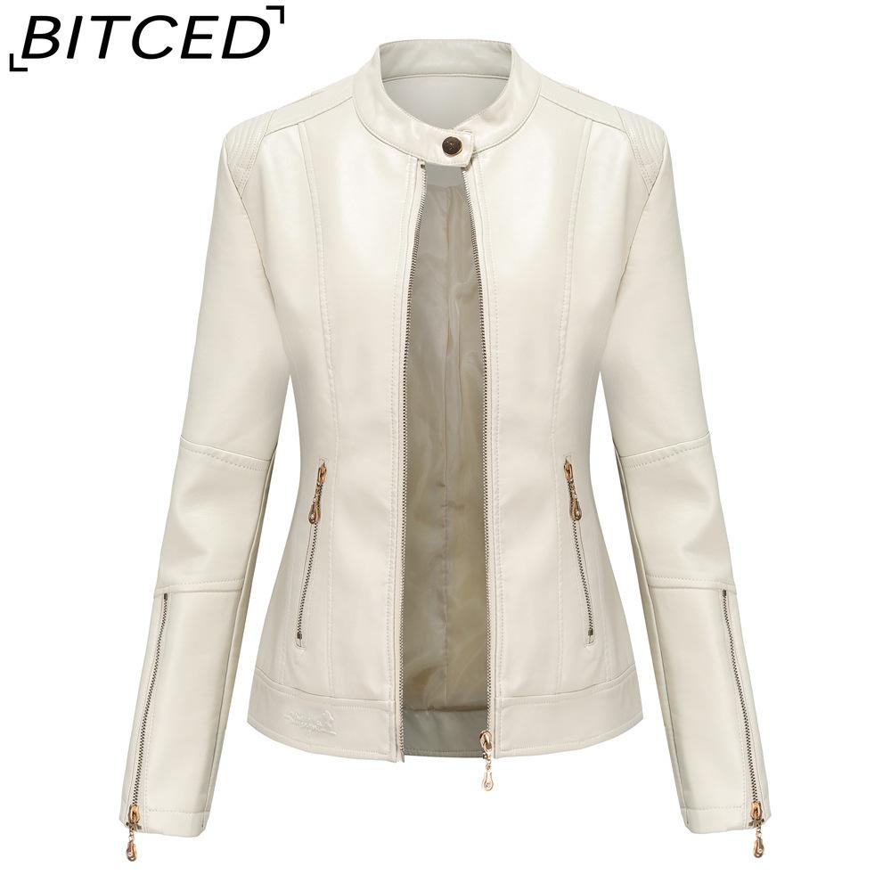 BITCED Fashion Women's PU Leather Short Jacket with Stand Collar Lightweight Spring/Autumn Leather Jacket