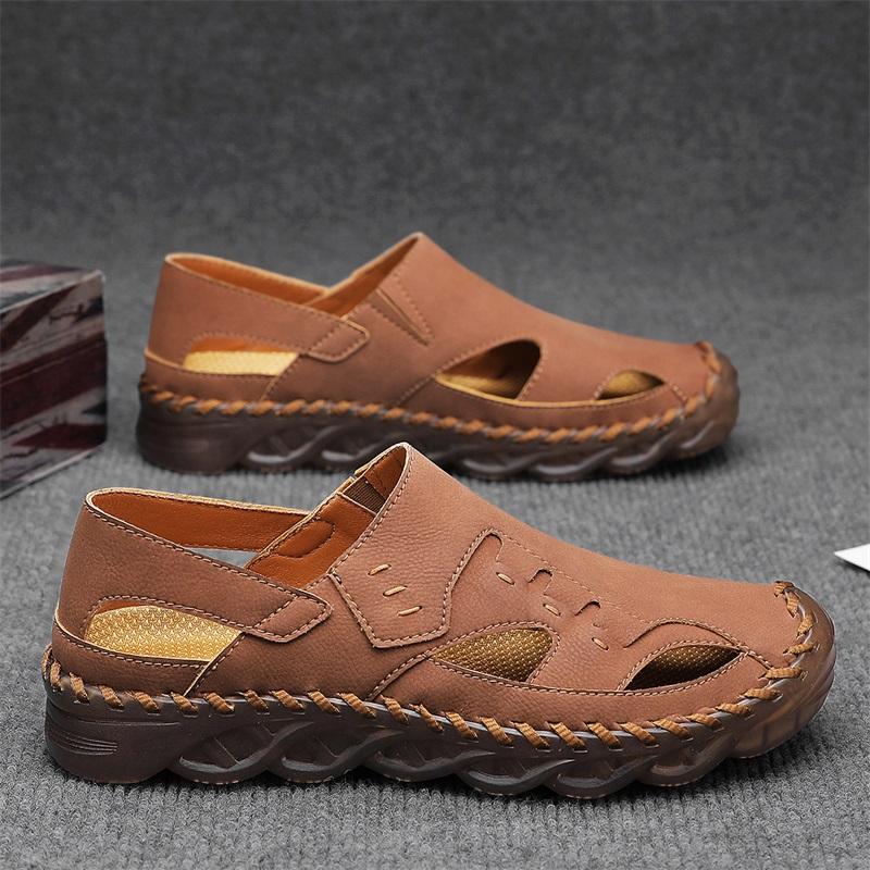 Men Outdoor Hiking Sandals Handmade Flats Black Summer Roman Sandals Retro Wide Leather Beach Shoes Over Sized