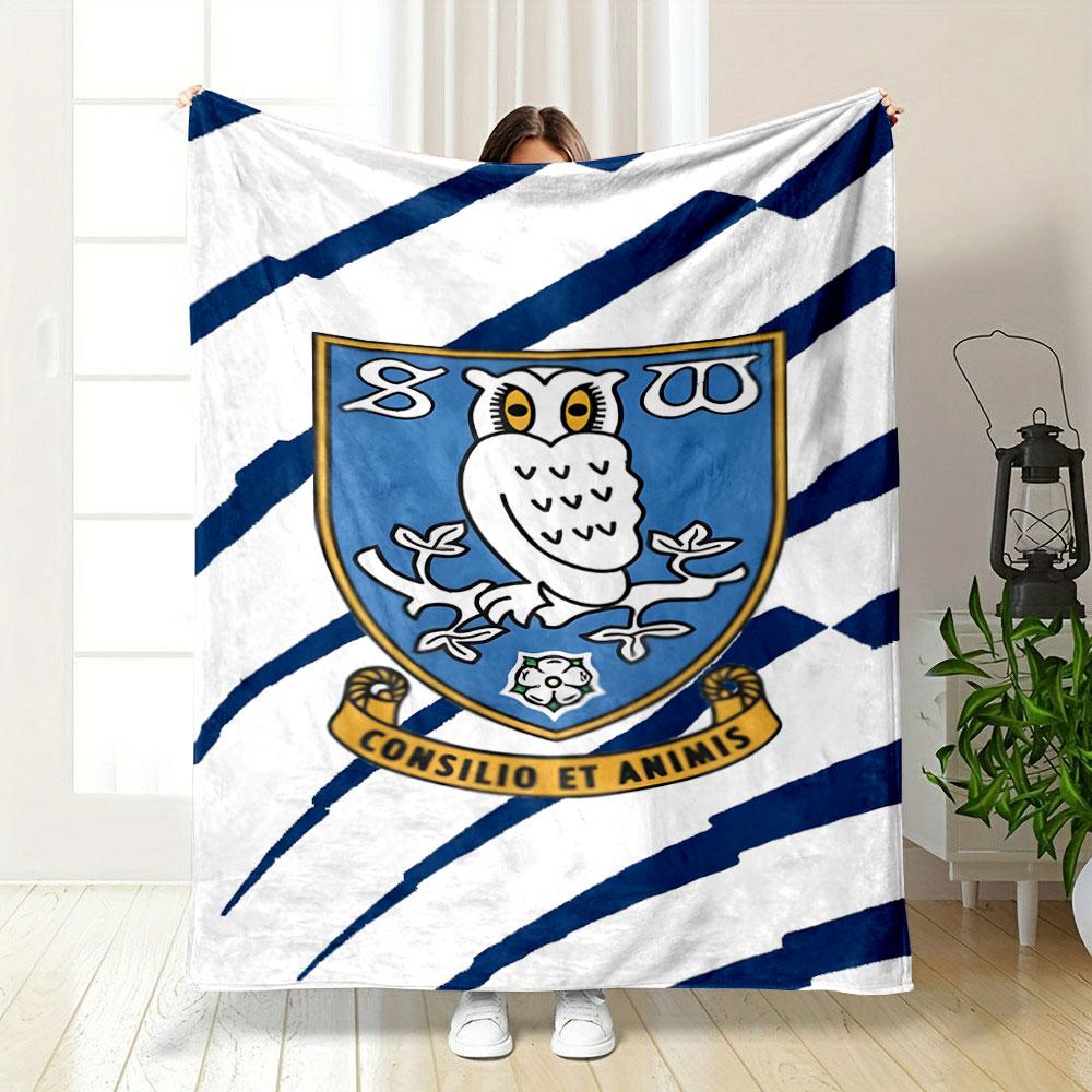 Owl Emblem On Blue Striped Background Print Blanket Soft and Cozy Perfect for the Living Room Bed Sofa or a Nap,gift
