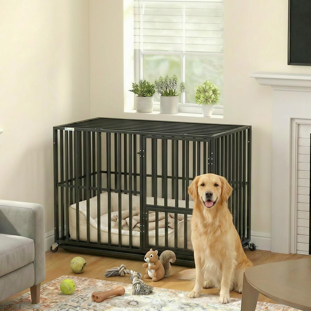 Heavy Duty Dog Crate, Dog Cage with Wheels for Small Medium Breeds, Metal Pet Kennel with Removable Tray