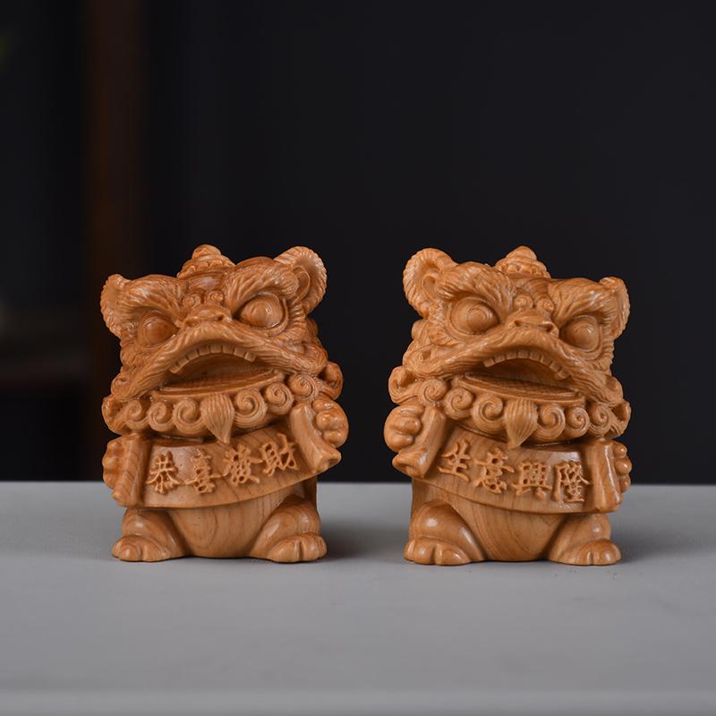 wood carving Chinese style cute little lion sculptures and figurines Mascot  Home, Room, Office, Car Wealth Luck Feng Shui Decor