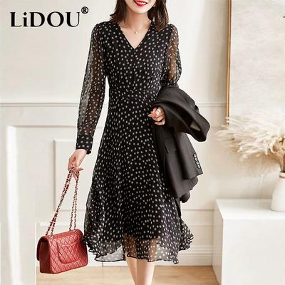 Wiosna Lato Dekolt w serek Nadruk w kropki Talia Długi rękaw Szlafrok Damski Elegancka Moda Sukienka z talią Panie Wyszczuplająca Casualowa Sukienka Midi