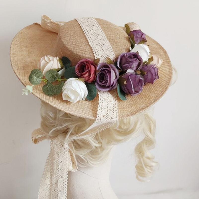 Summer Women Lolita's Hat Tea Party Hat Outdoor Sunscreen Flower Decor Sunshade Flat Hat Summer Beach Vacation Hats
