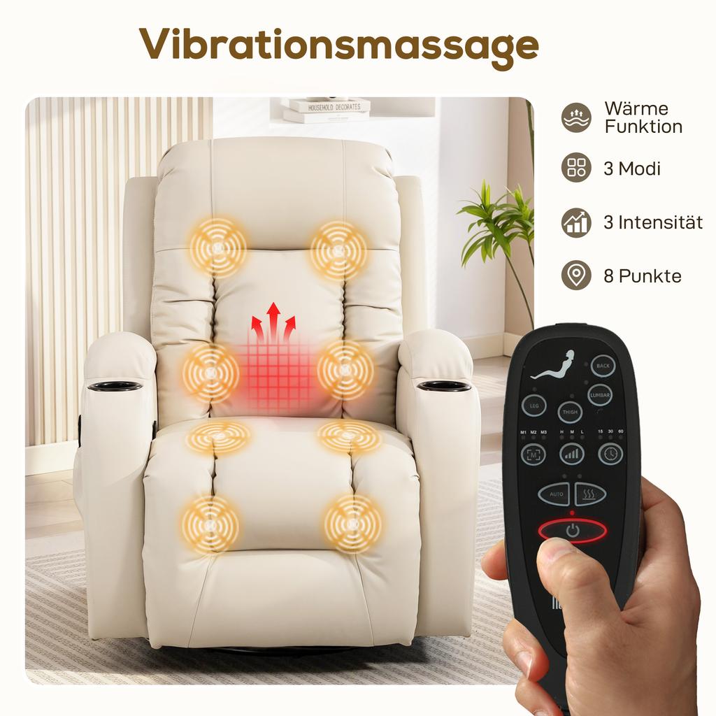 Massage Chair with Rocking, Reclining & Heating Function, 3 Modes, Rotating, Cream White
