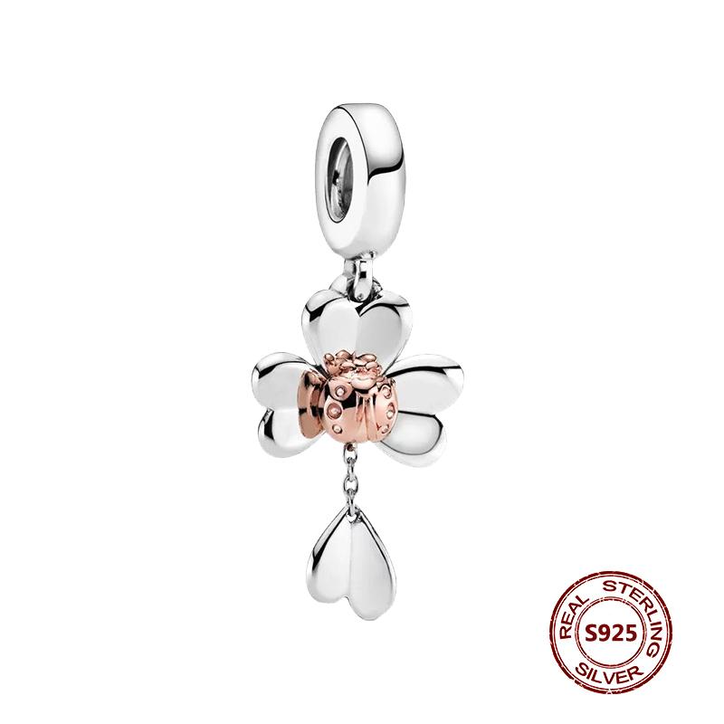 Lucky Clover Charms Fit Fashion Original Bracelets Four Leaf Clover 925 Silver Green Zircon Beads Pendant DIY Jewelry Gift