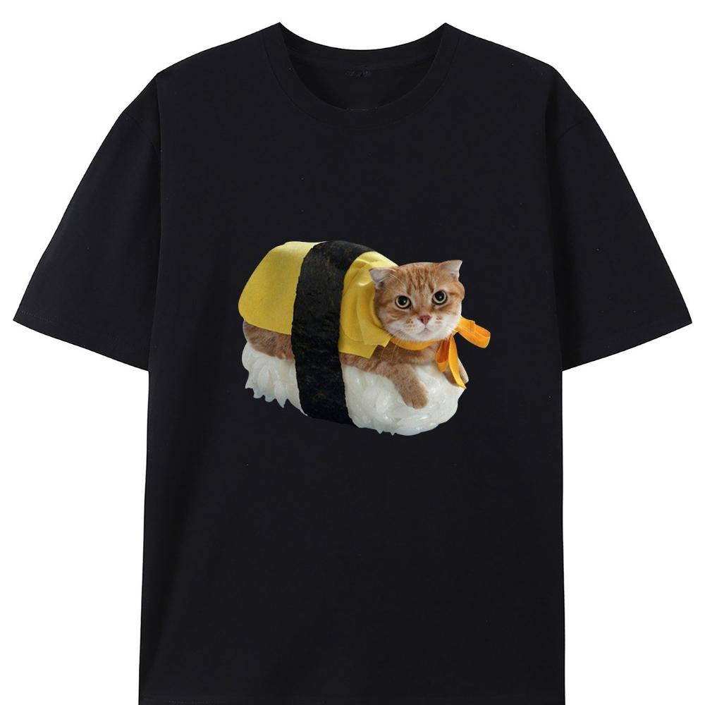 Sushi Cat Creative Design Round Neck TShirt Pure Summer Trendy Short Sleeves Casual Everyday Style Top
