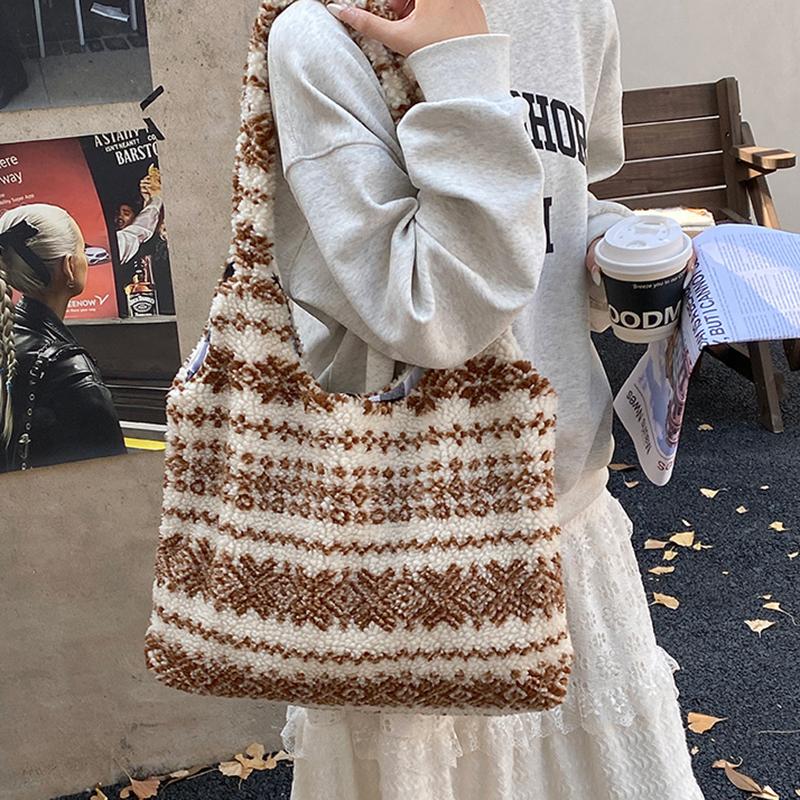 Women's Striped Plush Shopper Tote Bag Lightweight Large Capacity Ethnic Style Shoulder Bag Fluffy Casual Winter Underarm Bags
