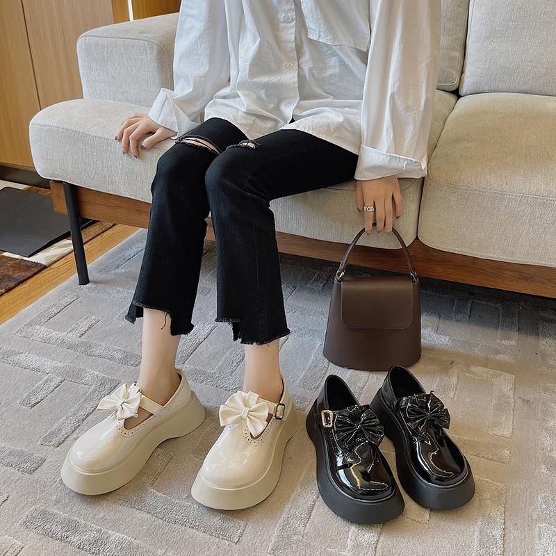 Damskie Modne Skórzane Buty na Platformie Urocza Kokardka Codzienne Buty do Chodzenia Buty Księżniczki