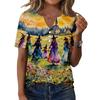 Women's Casual Halloween Printed V-Neck Short Sleeve Button Front T-Shirt Top