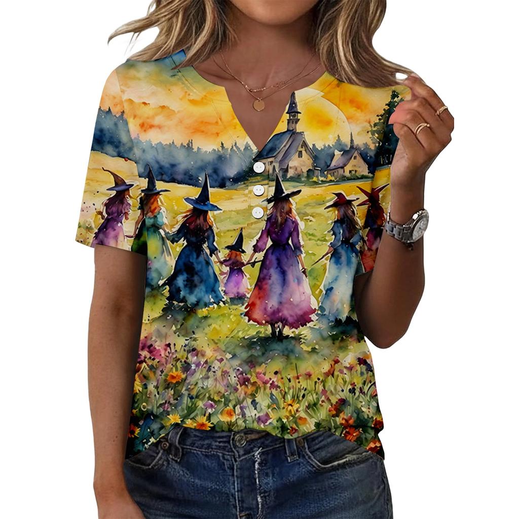 Women's Casual Halloween Printed V-Neck Short Sleeve Button Front T-Shirt Top