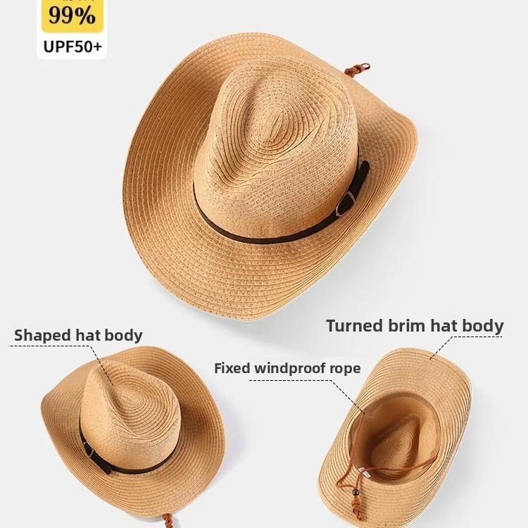 Straw Men's & Women's Adjustable Wide-Brim UV-Protective Cowboy Hat for Outdoor Hiking Summer