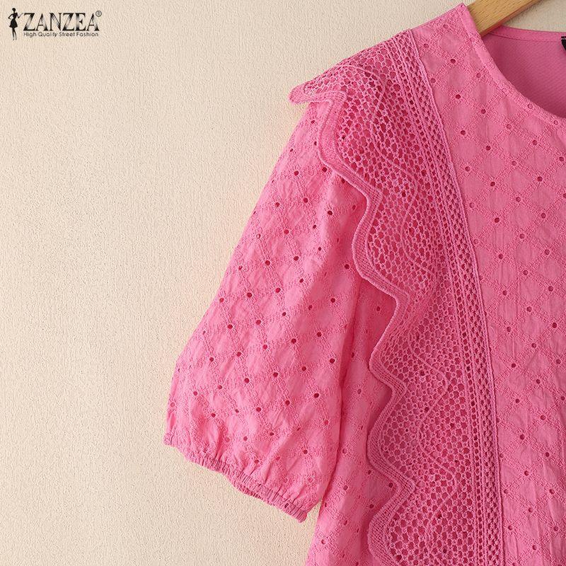 ZANZEA Women Casual Round Neck Patchwork Crochet Loose Short Sleeve Blouse