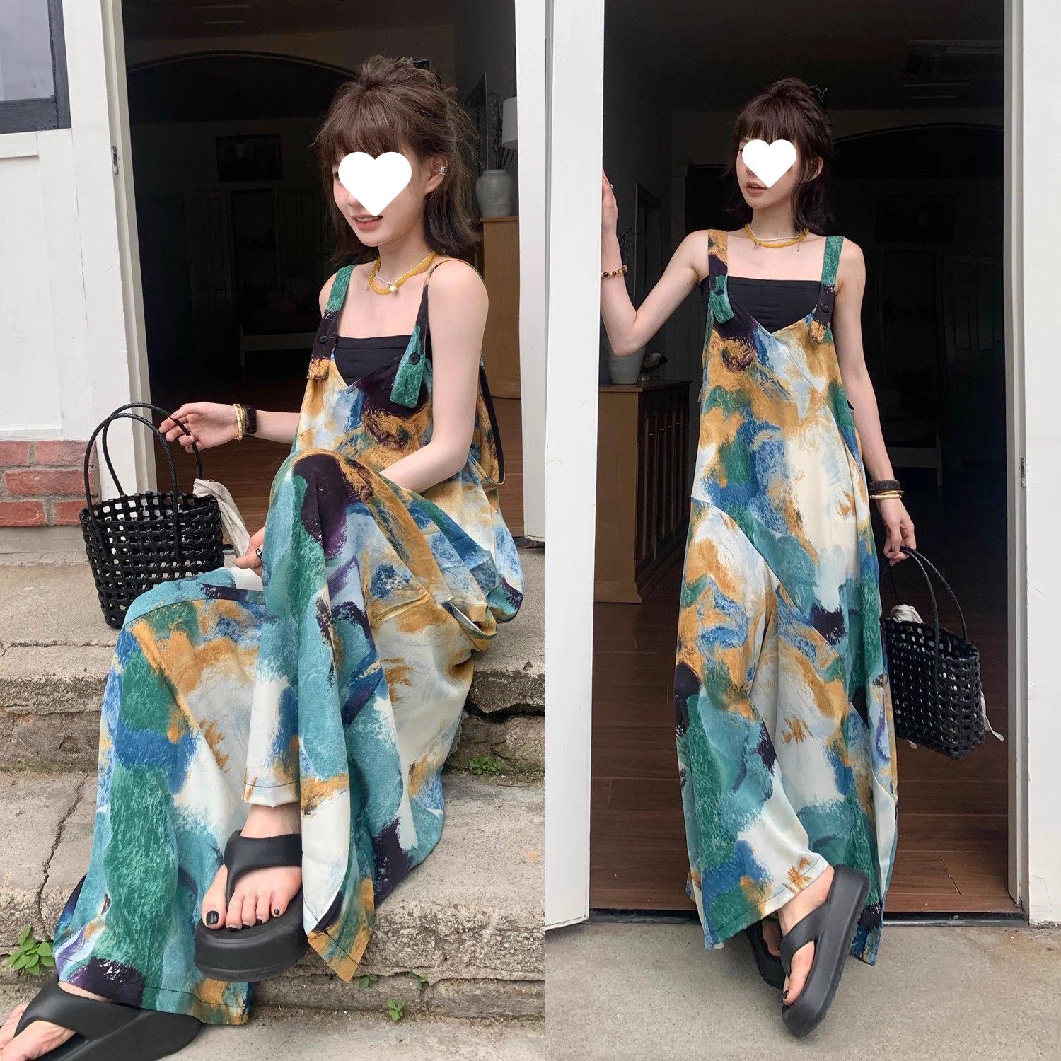 

Sea Island Blue Wide-Leg Summer Jumpsuit: Cool, Whitening, Retro V-Neck, Casual, Loose Fit Overalls for Women. 2XL (Recommended 130-150 jin)